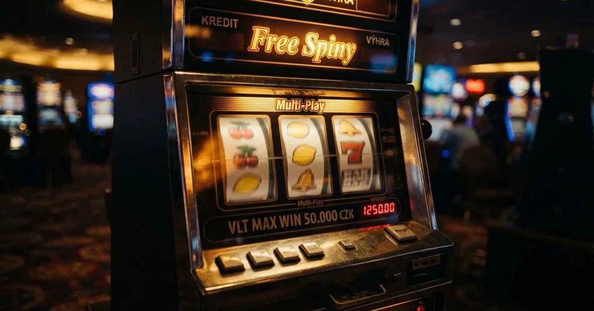 Roztočené válce výherního automatu s nápisem free spiny na displeji