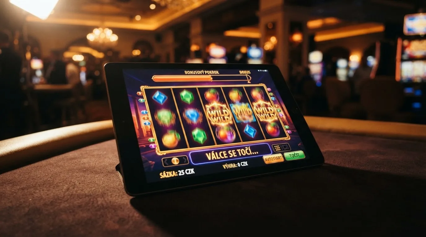 Výherní automat s roztočenými válci na displeji tabletu, v pozadí lišta s průběhem protočení bonusu