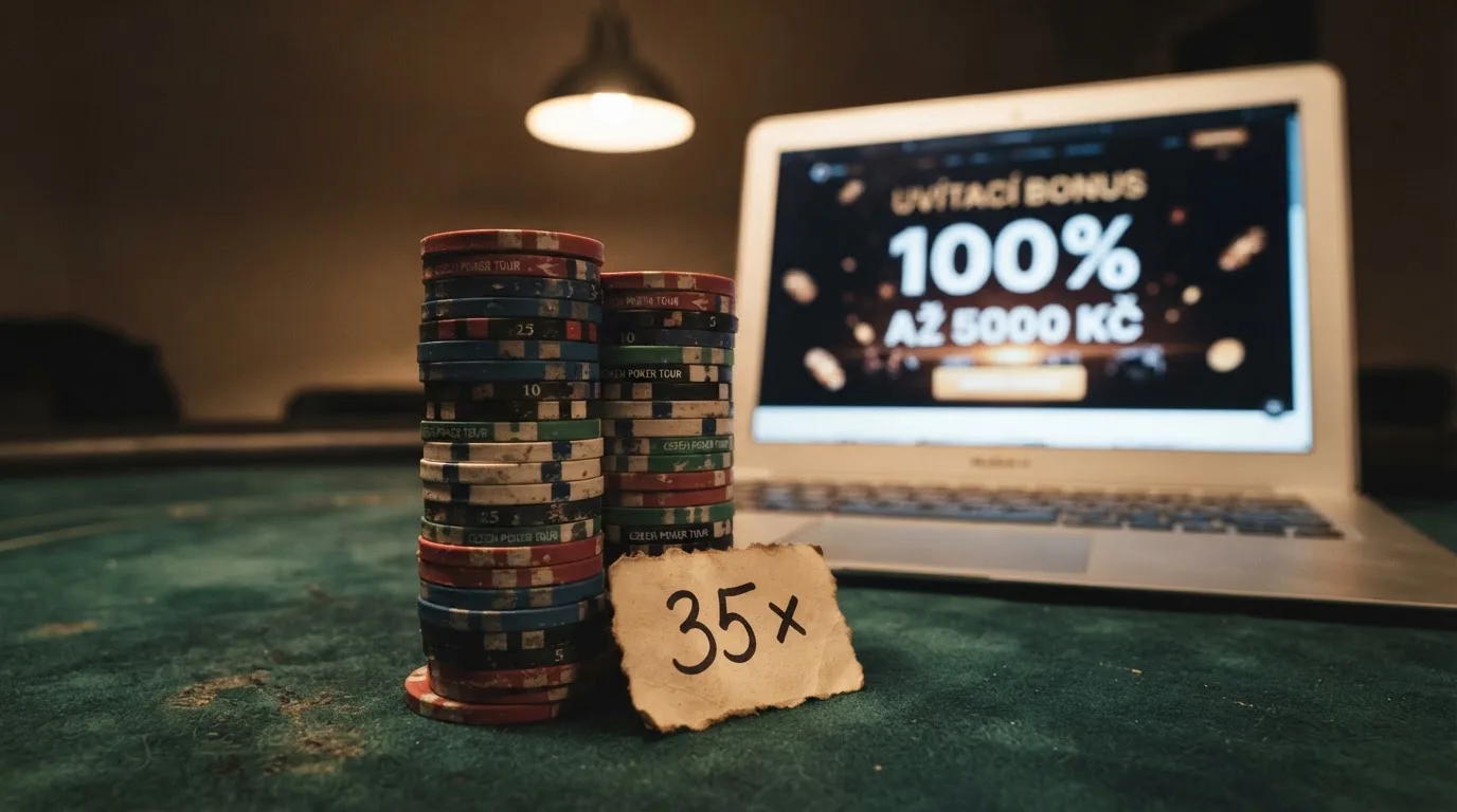 Stoh žetonů s popiskem 25×–40× vedle uvítacího bonusového banneru online kasina