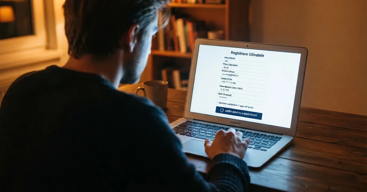 Online casino obrazovka s registračním formulářem, polem pro osobní údaje a logem Bank iD vedle tlačítka pro ověření