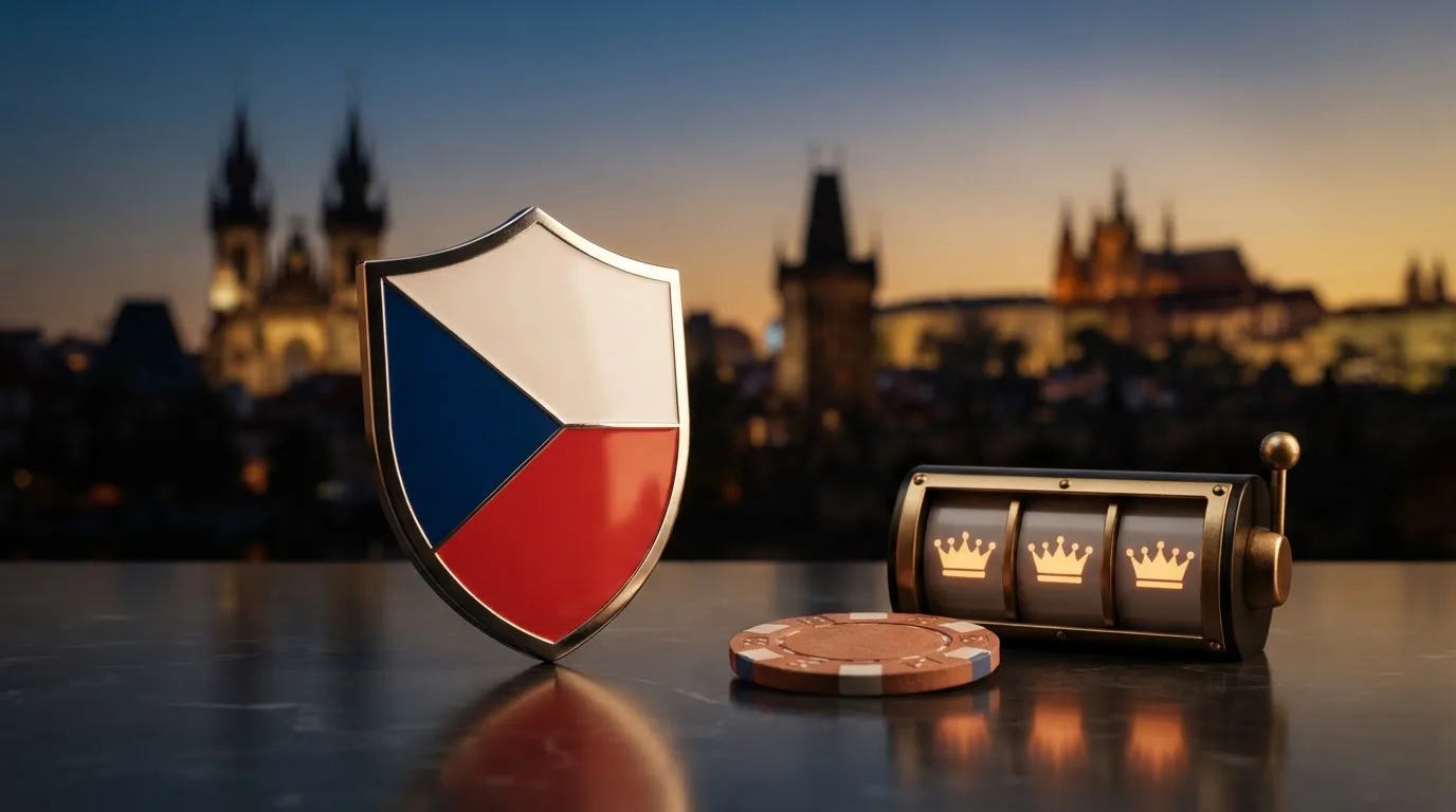Pečeť nebo logo Ministerstva financí ČR vedle symbolů kasina, v pozadí česká vlajka nebo silueta Prahy
