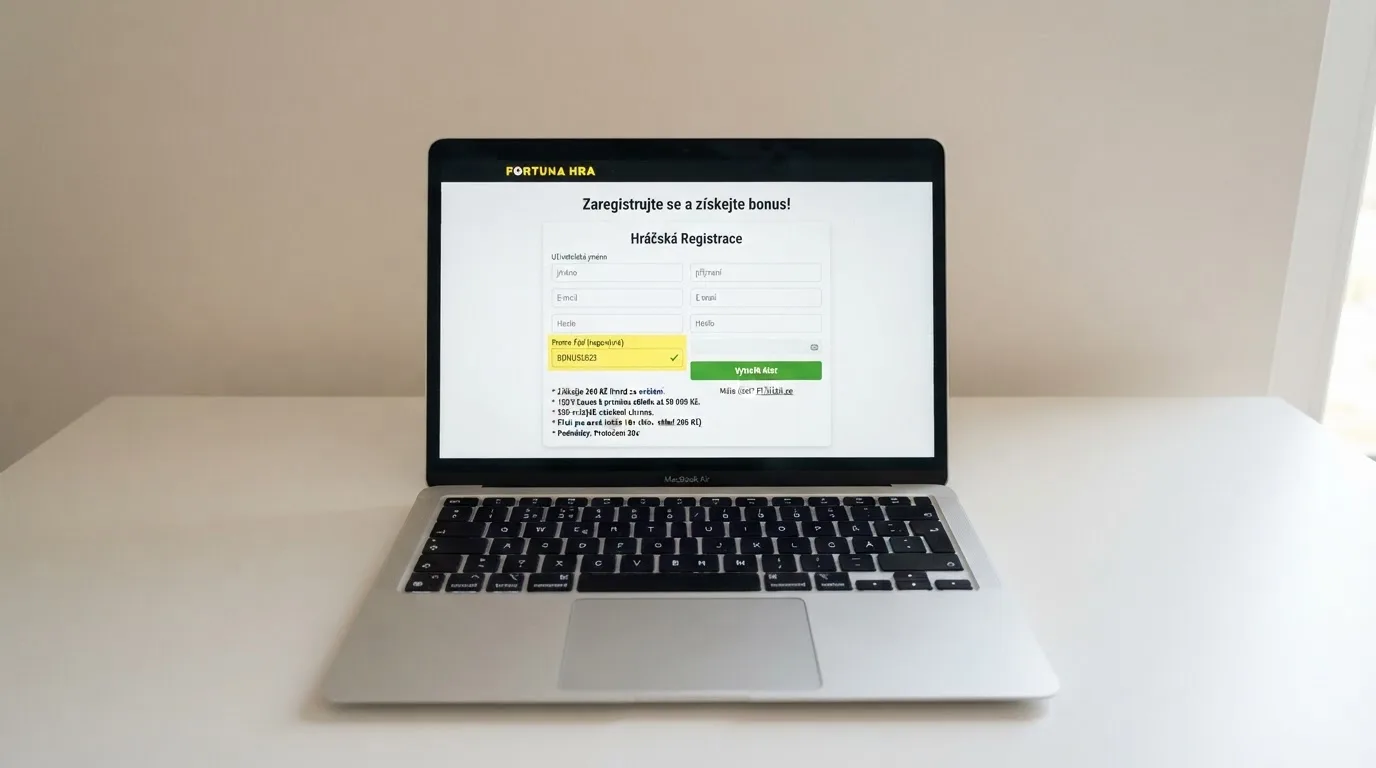 Registrační formulář online casina s označeným polem pro promo kód a přehledem bonusových podmínek pod ním