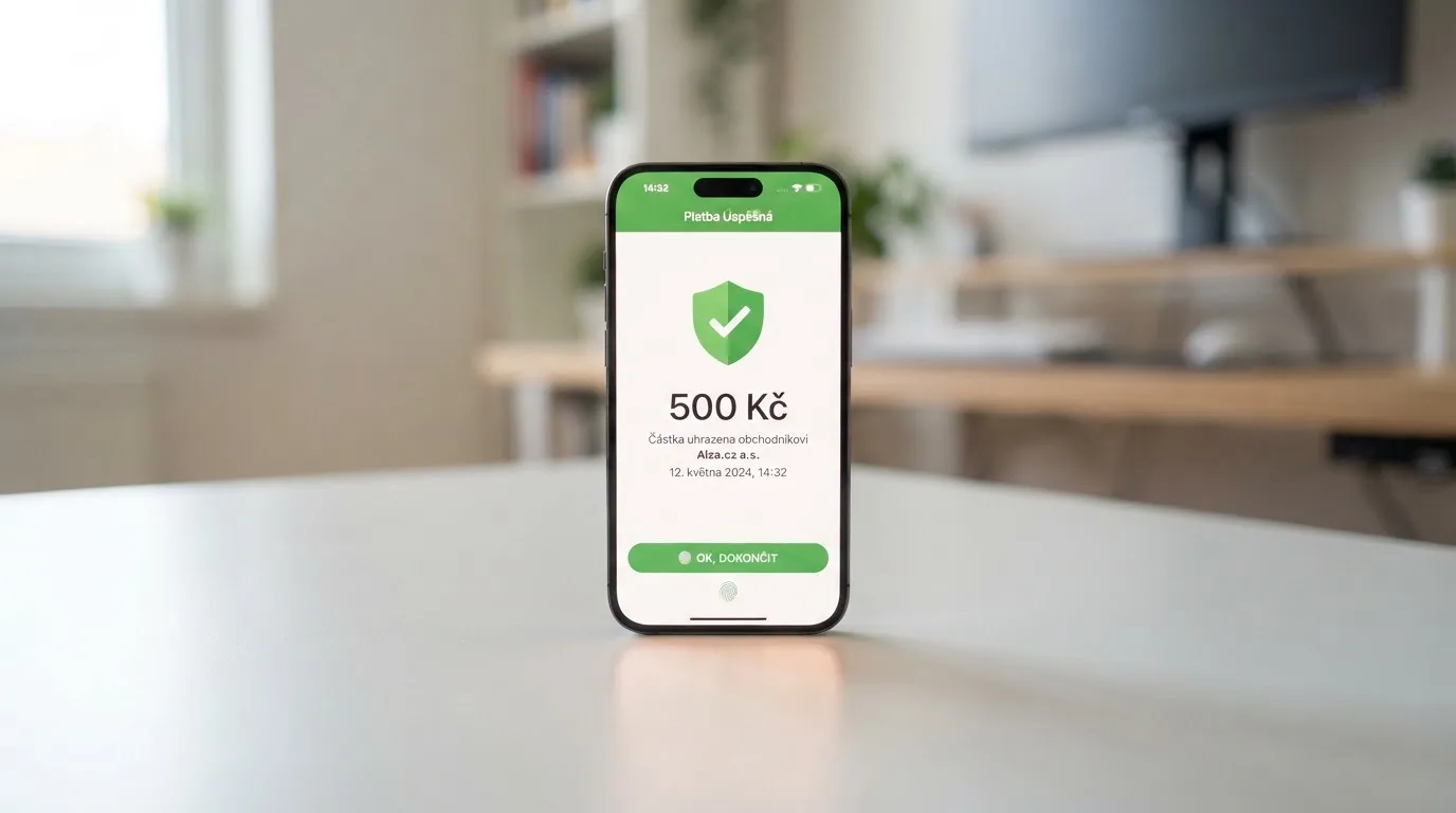 Detail displeje telefonu s potvrzovací obrazovkou platby Google Pay — viditelný symbol tokenizace, částka v korunách, tlačítko pro biometrické potvrzení.