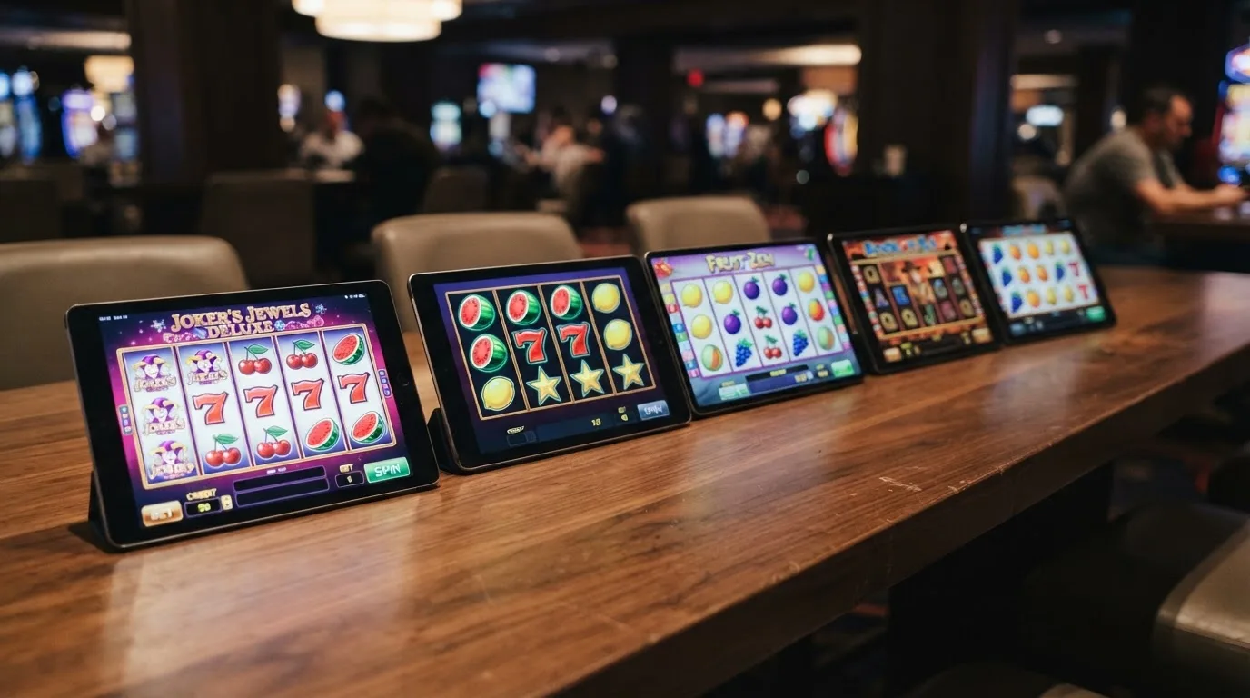 Koláž obrazovek pěti klasických automatů — Respin Joker 81, Multi Vegas 81, Sizzling Hot, Book of Ra a 6 Fruits Deluxe — seřazených vedle sebe s viditelnými ovocnými symboly