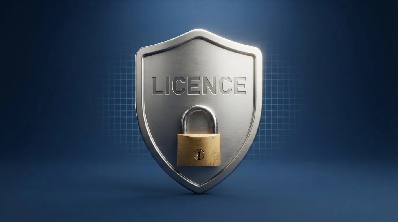 Dokument s razítkem Ministerstva financí ČR a štítem s nápisem Licence vedle symbolu visacího zámku na digitálním pozadí