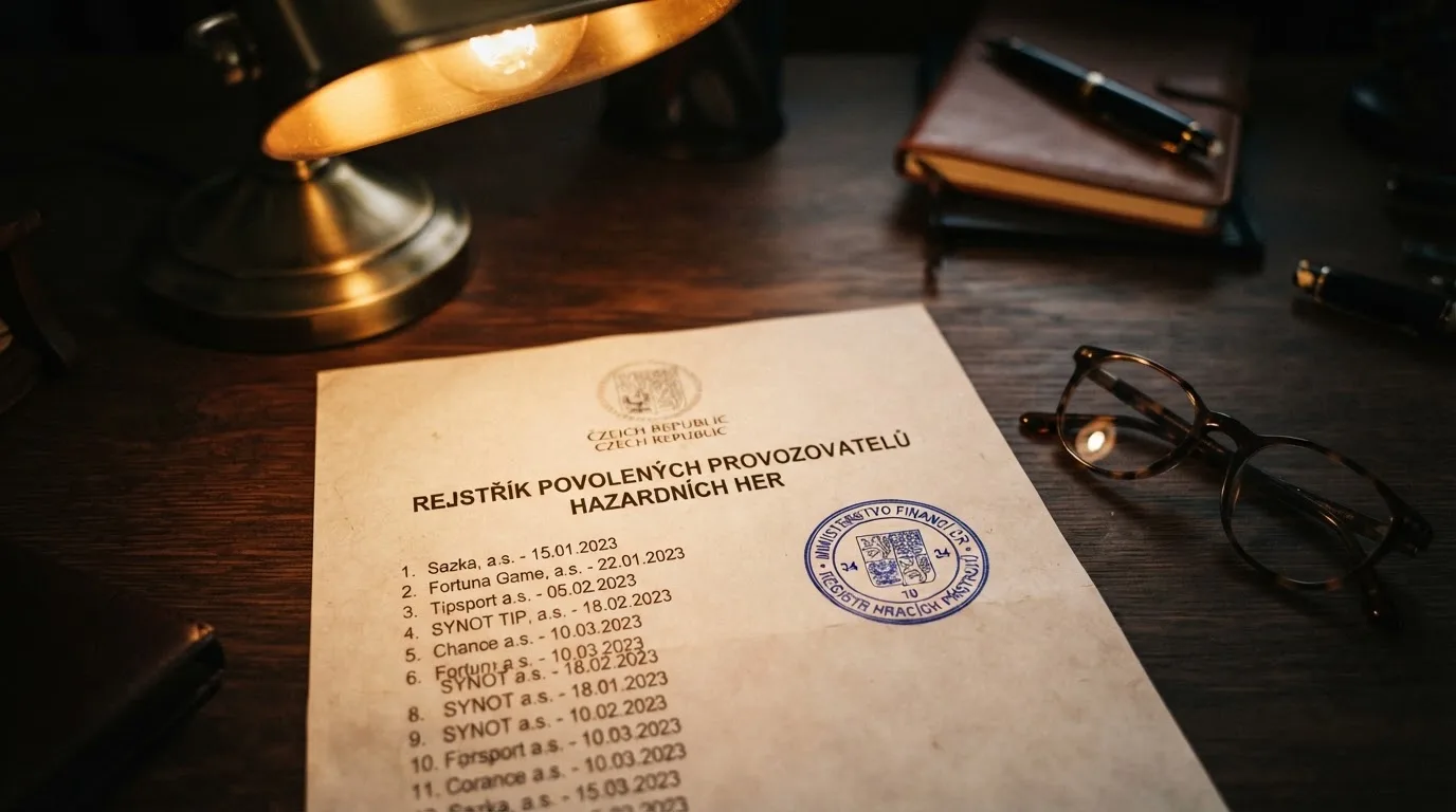 Oficiální dokument s razítkem Ministerstva financí ČR a seznamem licencovaných provozovatelů hazardních her