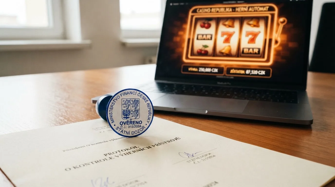 Razítko Ministerstva financí ČR na úředním dokumentu vedle symbolu online kasina