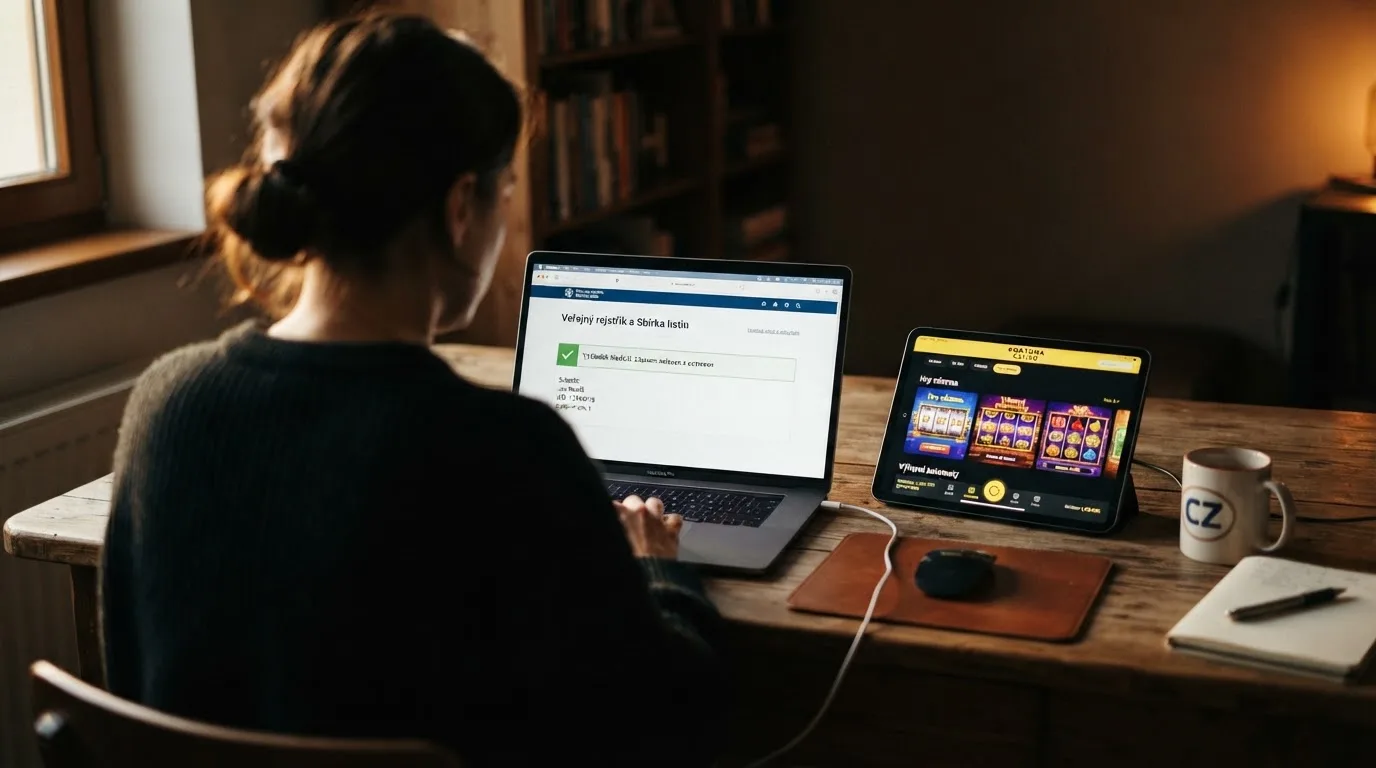Úřední dokument s razítkem Ministerstva financí ČR vedle displeje s online casinem