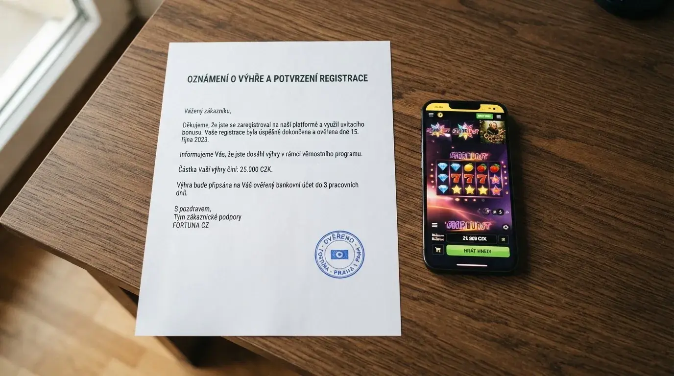 Úřední dokument s logem Ministerstva financí ČR a razítkem vedle mobilního telefonu s kasinem