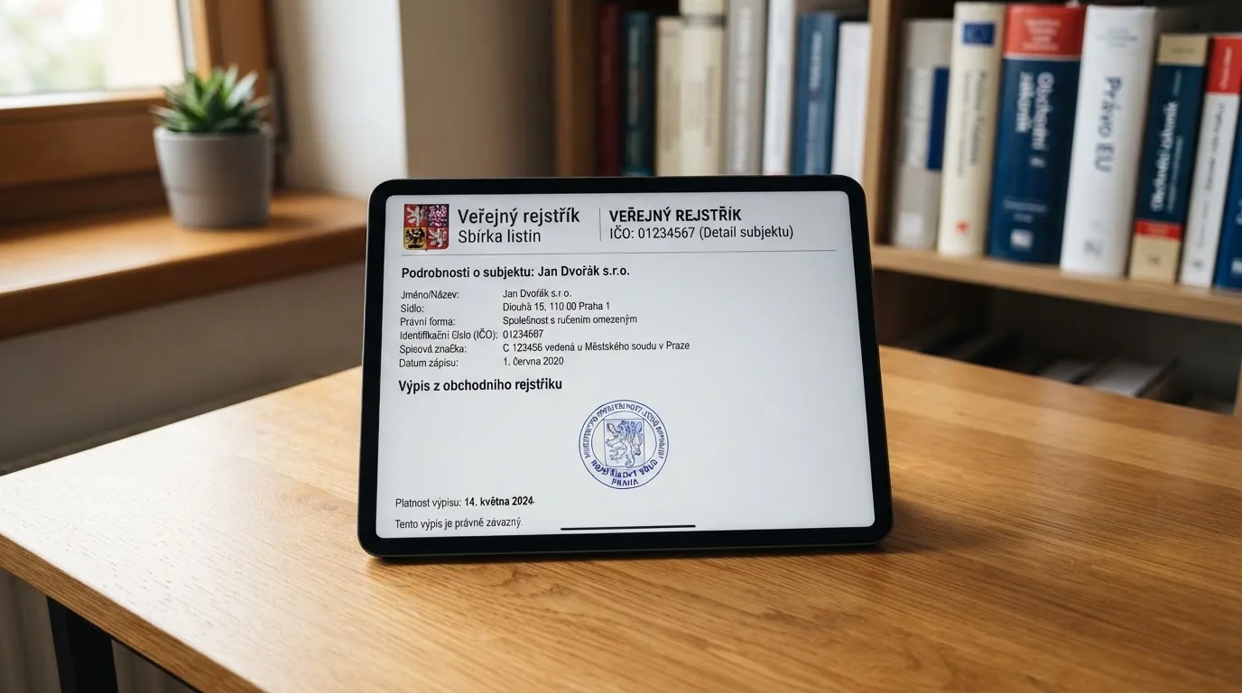 Obrazovka počítače nebo tabletu s otevřeným veřejným registrem MF ČR — zobrazený detail základního povolení konkrétního provozovatele s razítkem a datem právní moci.