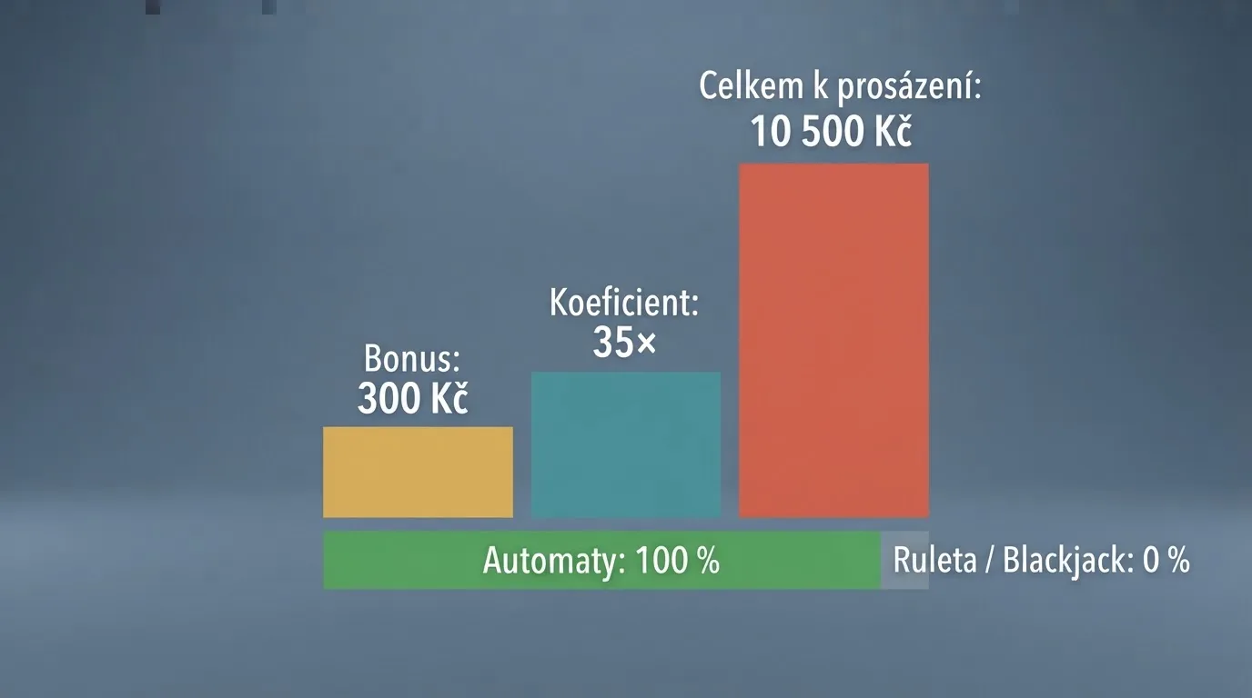 Grafické znázornění výpočtu protočení – bonus 300 Kč, koeficient 35×, celková částka k prosázení 10 500 Kč, zvýrazněný podíl jednotlivých her na protočení