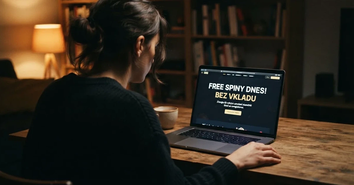 Hráč si prohlíží nabídku casino bonusů na displeji notebooku, na obrazovce jsou vidět nápisy „free spiny“ a „bez vkladu“.