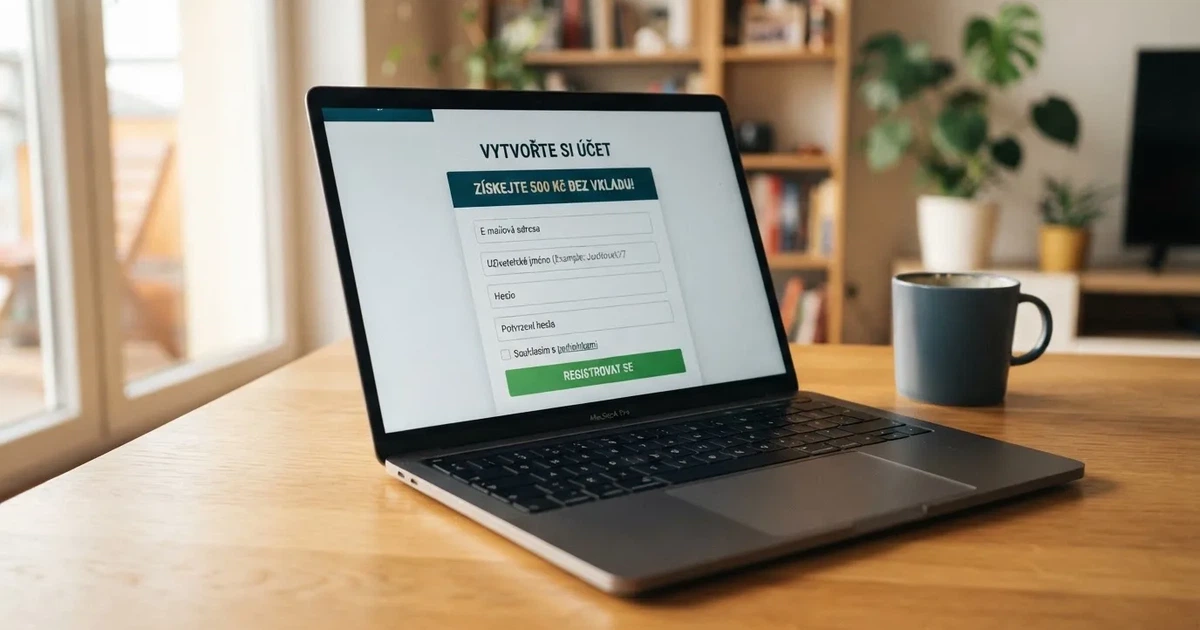Registrační formulář českého online casina s nabídkou bonusu za registraci bez vkladu na obrazovce notebooku