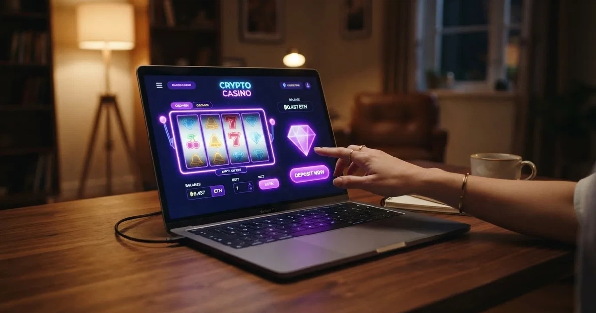 Rozhraní online casina s logem Etherea a tlačítkem pro kryptoměnový vklad na obrazovce notebooku