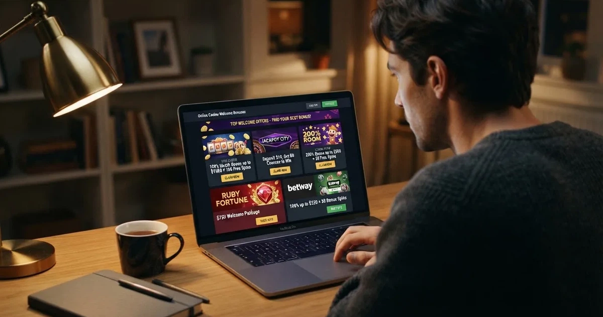 Hráč u počítače si prohlíží nabídku uvítacích bonusů v online casinu