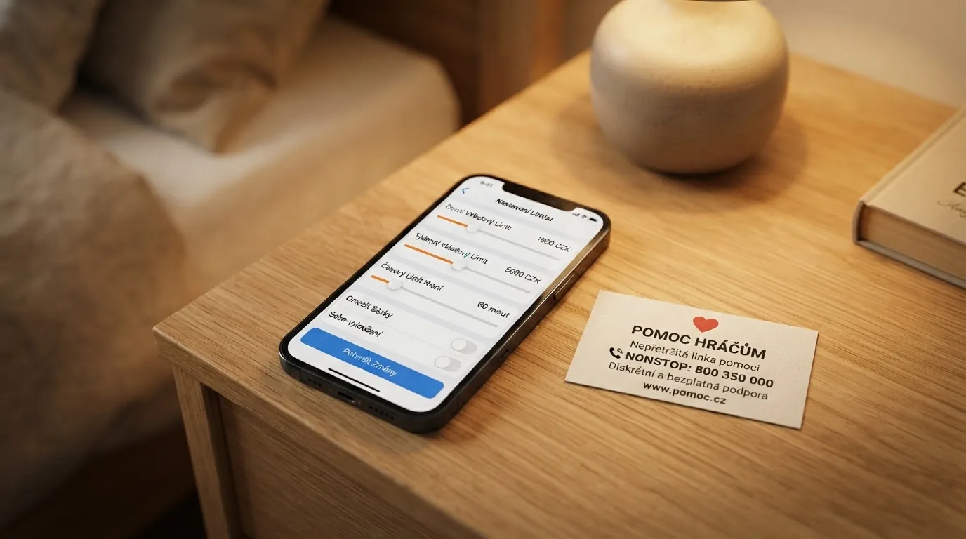 Telefon s otevřenou stránkou nastavení limitů v kasinu a vizitkou poradenské linky vedle