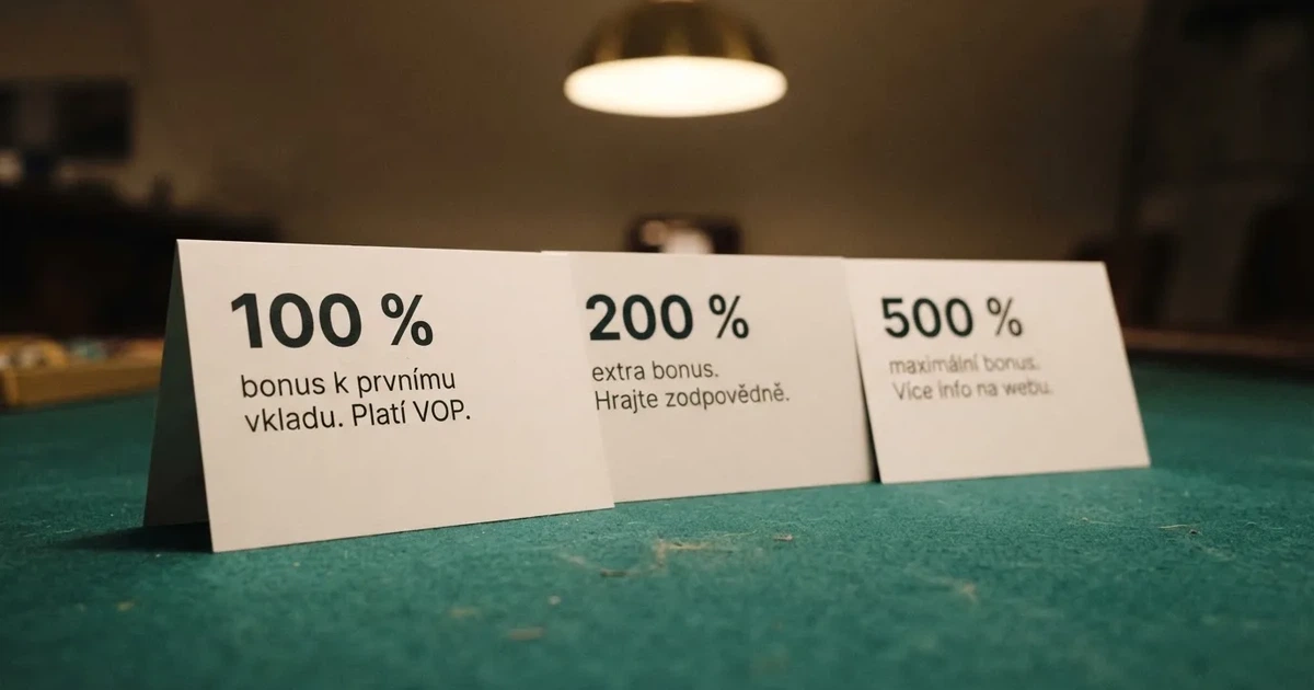 Srovnání tří karet s nápisy 100% bonus, 200% bonus a 500% bonus vedle sebe na zeleném pozadí kasina, každá s odlišnou sadou podmínek drobným písmem