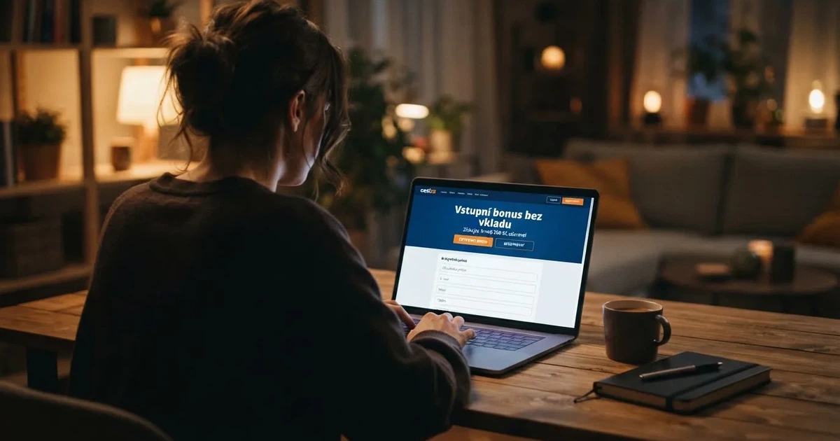 Náhled registrační obrazovky českého online casina zvýrazňující nabídku vstupního bonusu bez vkladu
