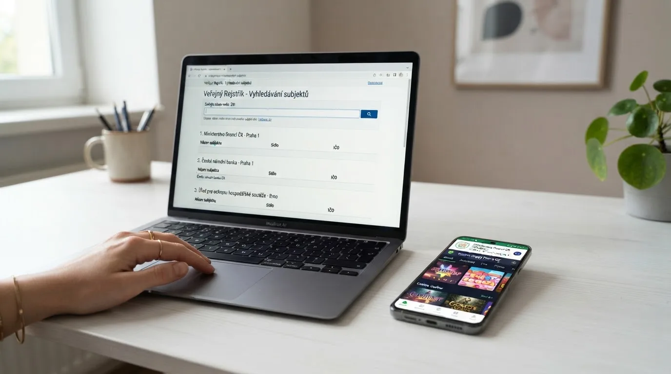 Detail obrazovky s veřejným registrem MF ČR na webu ministerstva — vedle mobil s otevřenou stránkou casina