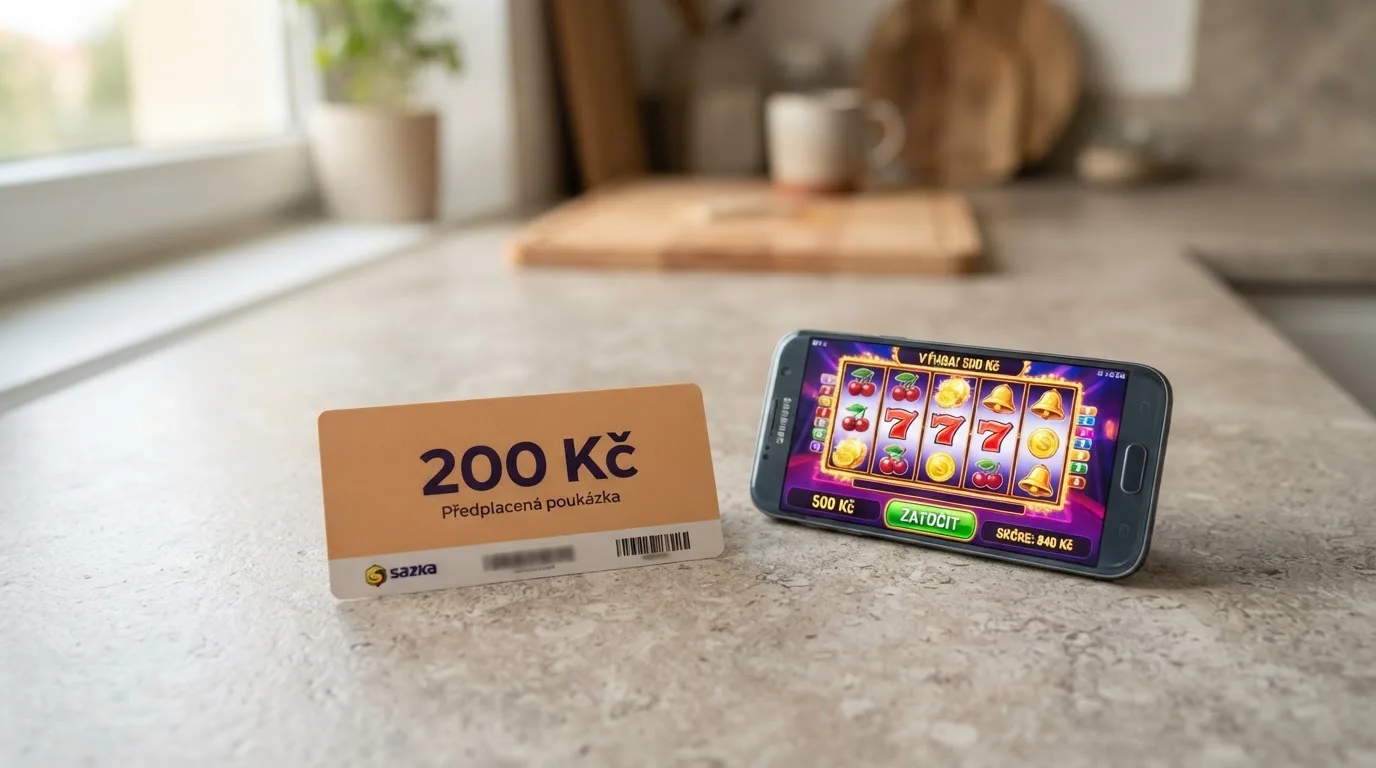 Paysafecard voucher v hodnotě 200 Kč vedle mobilního telefonu s otevřenou kasinovou aplikací