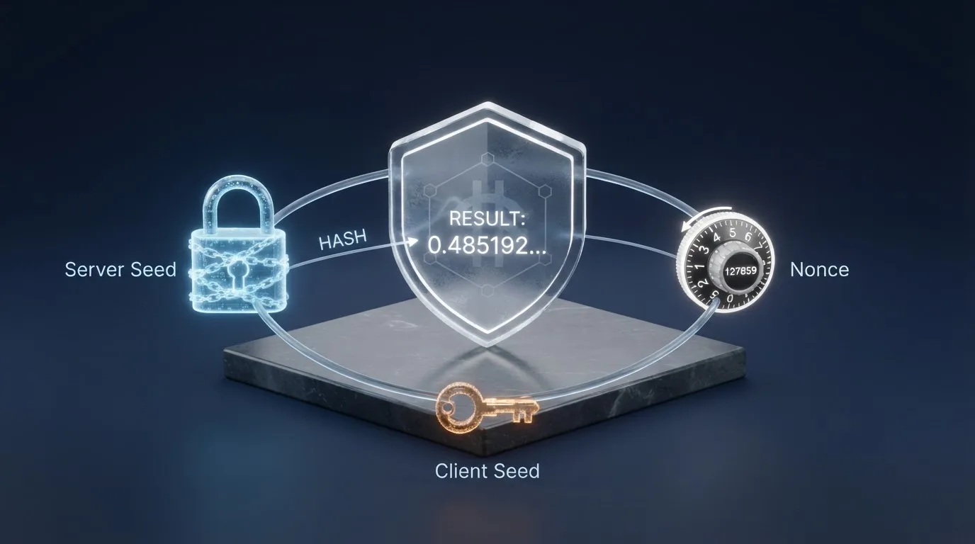 Diagram provably fair mechanismu: server seed, client seed a nonce — jak si hráč po sázce sám ověří, že kasino výsledek nezměnilo
