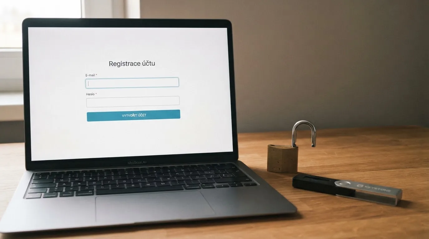 Prázdný registrační formulář s polem pro e-mail a heslo, vedle něj symbol visacího zámku a ikona kryptopeněženky