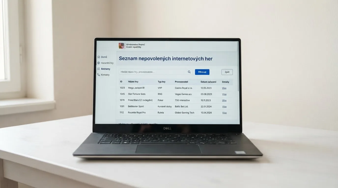 Náhled oficiálního rozhraní Seznamu nepovolených internetových her na webu Ministerstva financí ČR s vyhledávacím polem