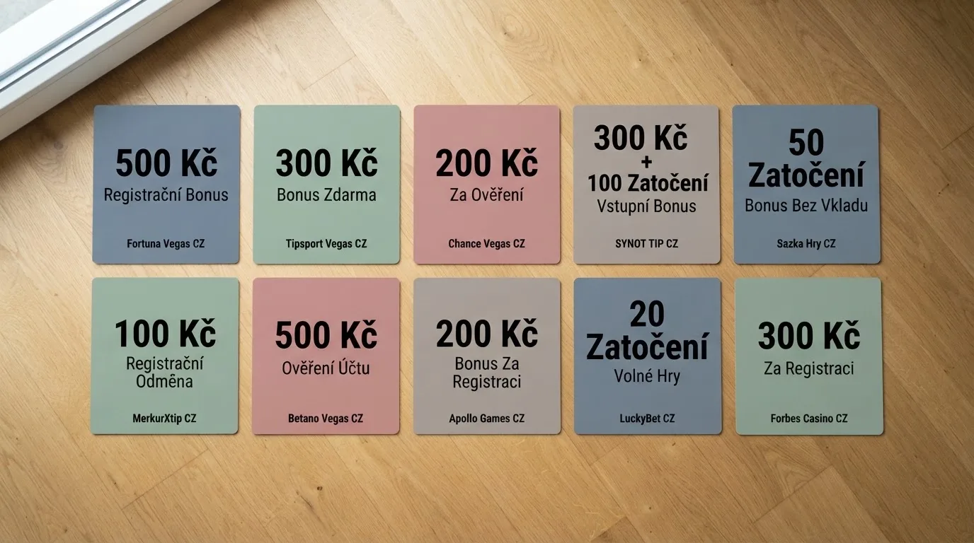 Srovnání karet deseti českých licencovaných online casin s vyznačením bonusu bez vkladu, typu bonusu a hodnoty
