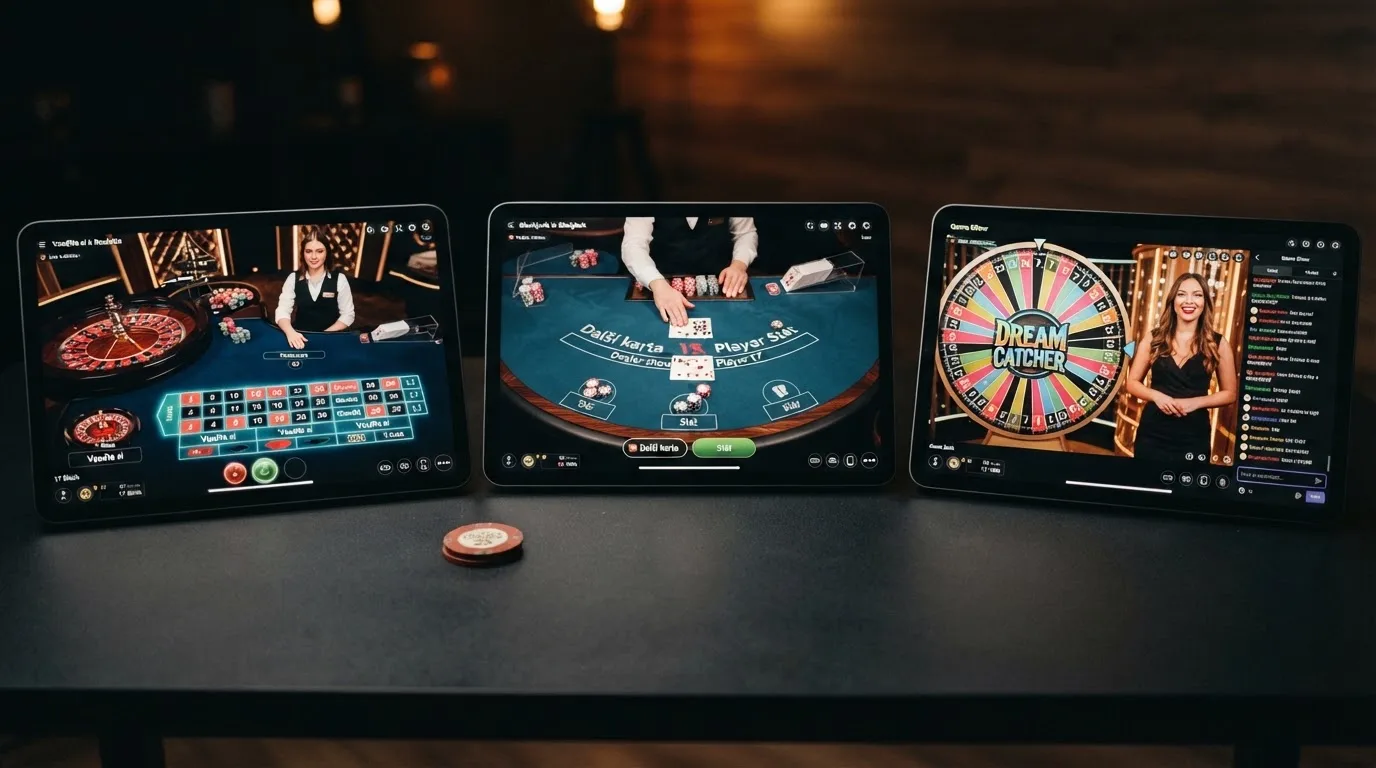 Koláž obrazovek live casin s důrazem na různorodost prostředí — ruleta, blackjack a herní show vedle sebe