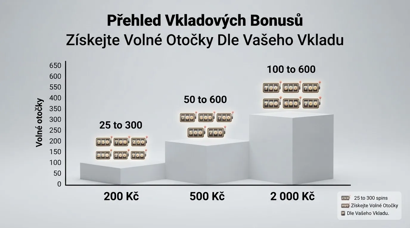 Infografika znázorňující stupně vkladu (200 Kč / 500 Kč / 2 000 Kč) a odpovídající počty volných otoček u různých operátorů