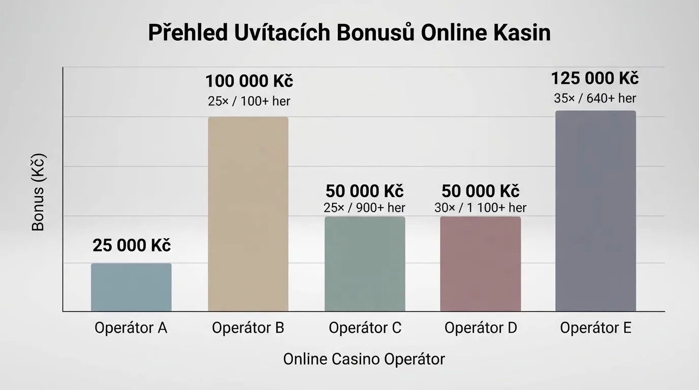 Srovnání uvítacích bonusů — sloupcový graf nebo tabulka s výší bonusu, protočením a počtem her pro pět vybraných operátorů