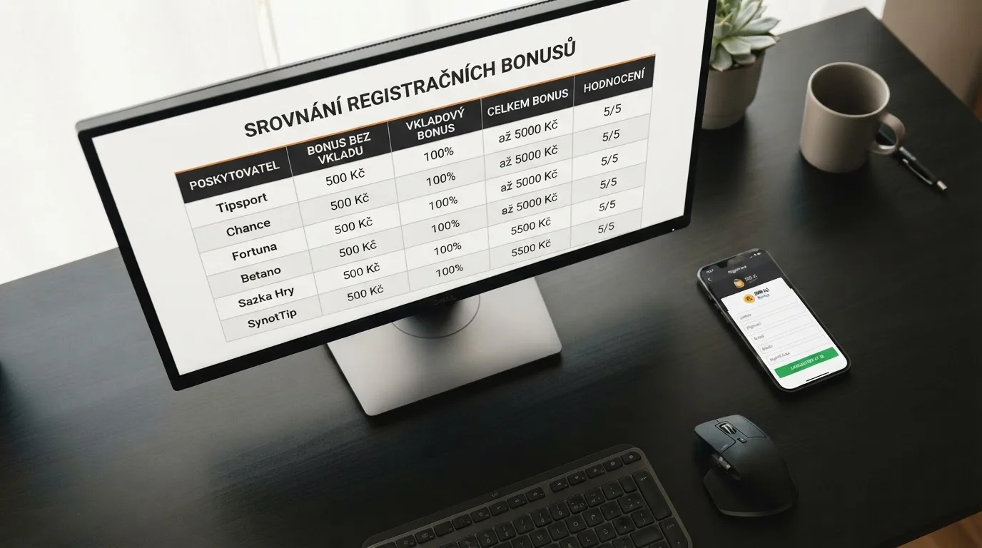 Srovnávací tabulka deseti českých casin s bonusem za registraci zobrazená na monitoru, vedle mobil s otevřenou registrační stránkou