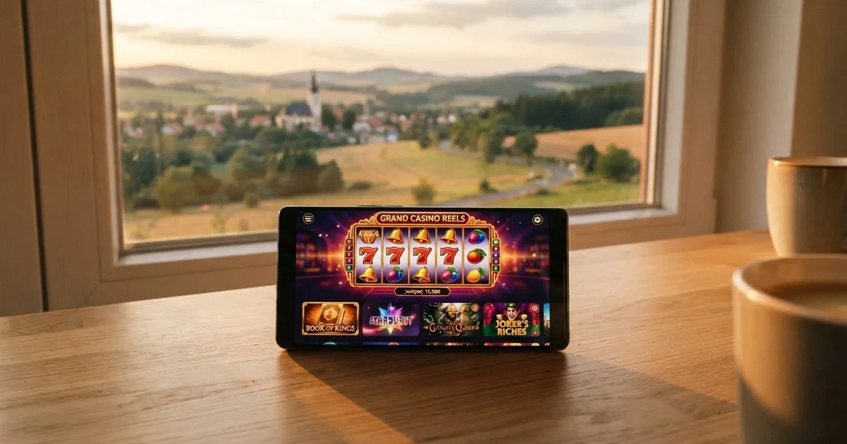 Mobilní telefon s otevřenou casino aplikací, na pozadí česká krajina