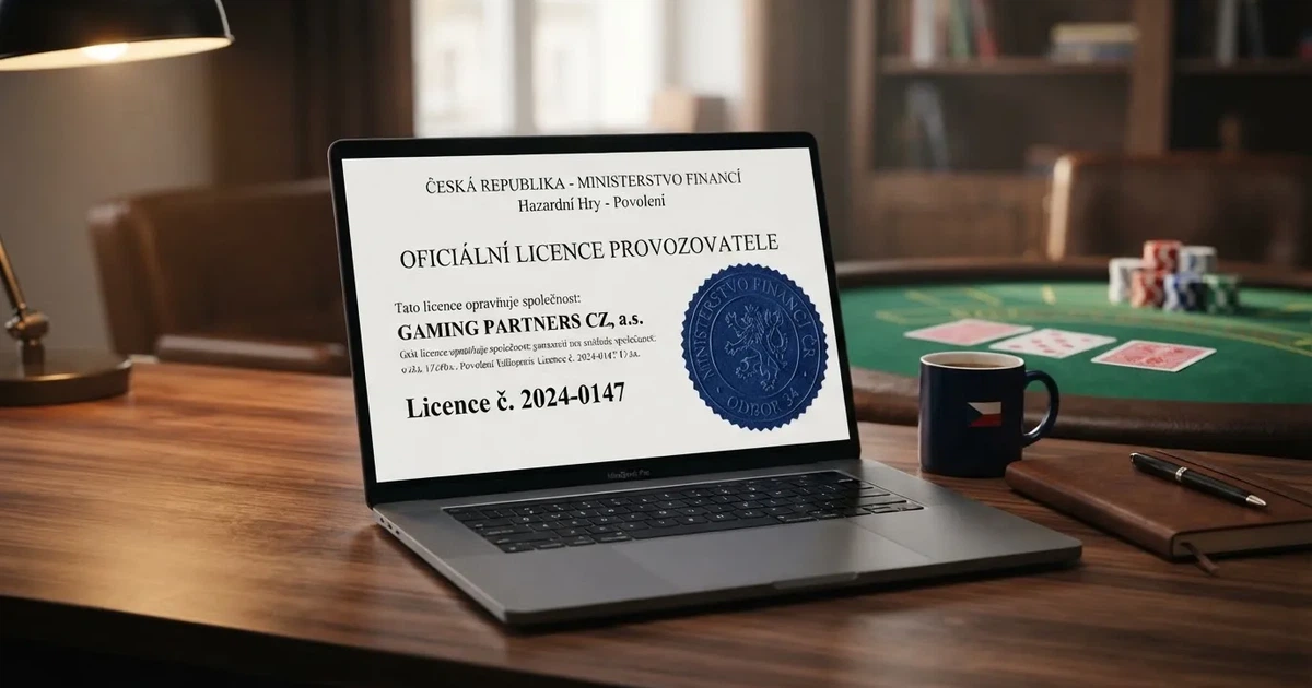 Otevřený notebook s logem Ministerstva financí ČR a razítkem licence na obrazovce, v pozadí karetní hra