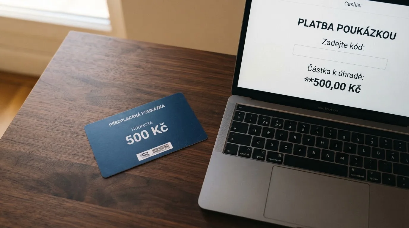 Paysafecard voucher položený vedle otevřeného notebooku s pokladnou online casina