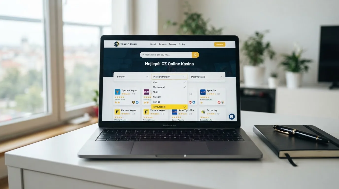 Vyhledávací pole na webu s recenzemi kasin a filtrem platební metody zvýrazněným na „GoPay“