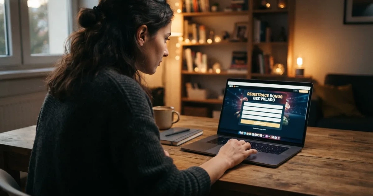 Hráč u notebooku vyplňuje registrační formulář online casina, na obrazovce je zvýrazněná nabídka bonusu bez vkladu