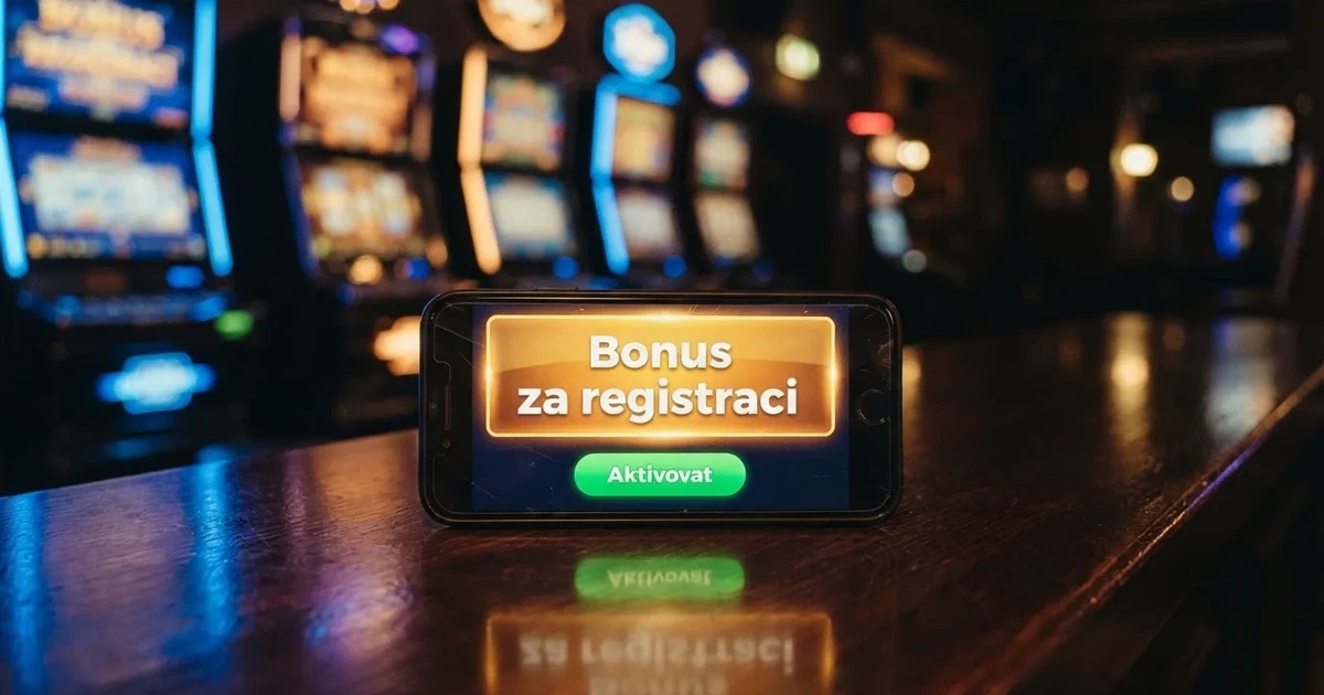 Mobilní telefon zobrazující nabídku bonusu za registraci v online kasinu, v pozadí neonově osvětlené herní automaty