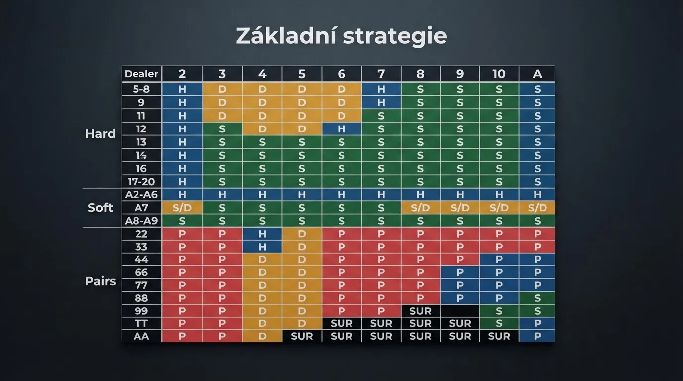 Tabulka základní strategie blackjacku s barevně odlišenými rozhodnutími — hit, stand, double, split — pro každou kombinaci karet hráče a dealera