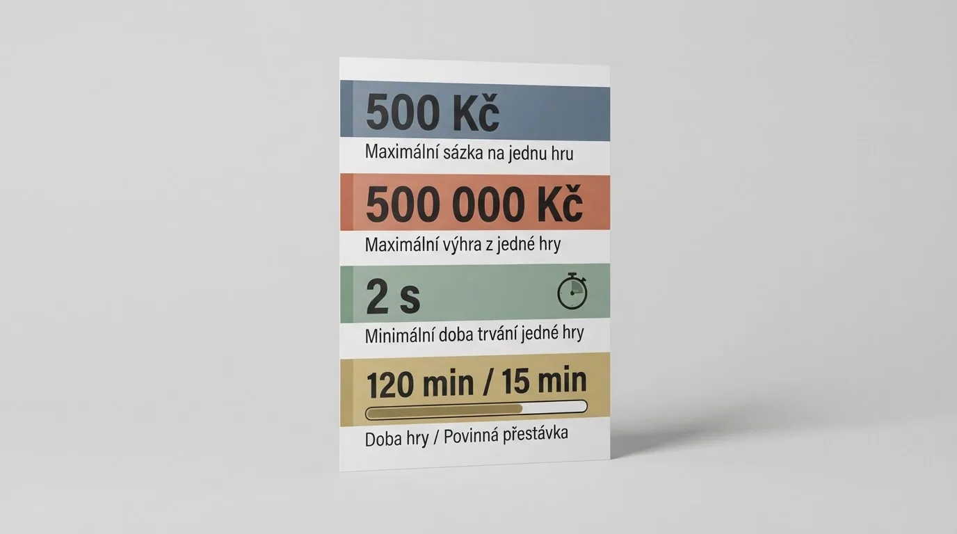 Infografika zobrazující čtyři klíčové limity — 500 Kč max sázka, 500 000 Kč max výhra, 2 sekundy minimální doba zatočení a časovač 120 minut s 15minutovou pauzou